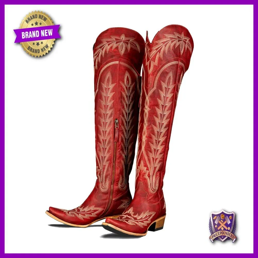 Over the Knee Cowboy Boots Chunky Heel Embroidery Western Side Zipper